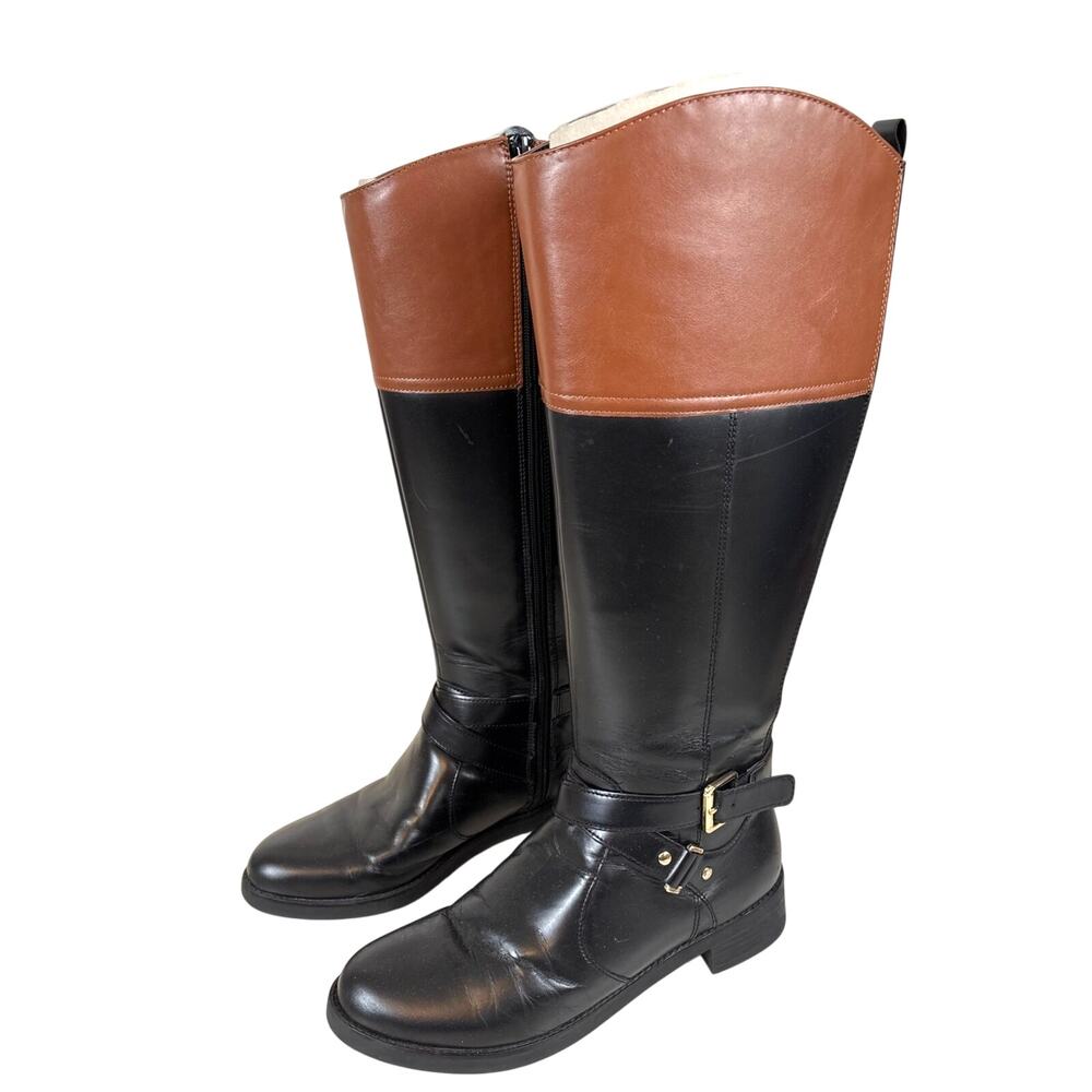 Bandolino Womens 8 Wide Calf Jimani Brown Black Leather Boots Riding Chic